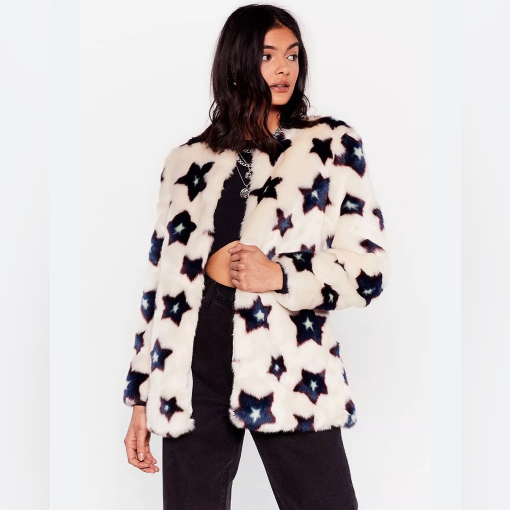 Nasty Gal Star Open Front Faux Fur Jacket Coat S Small